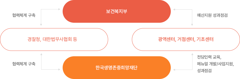 경찰청, 대한법무사협회 등은 보건복지부와 한국생명존중희망재단과 협력체계 구축 관계를 갖고 있으며 보건복지부와 광역센터, 거점센터, 기초센터는 예산지원 성과점검 관계를 갖고 있고, 한국생명존중희망재단과 광역센터, 거점센터, 기초센터는 전담인력 교육,메뉴얼 개발/사업지원,성과점검 관계를 맺고 있다.