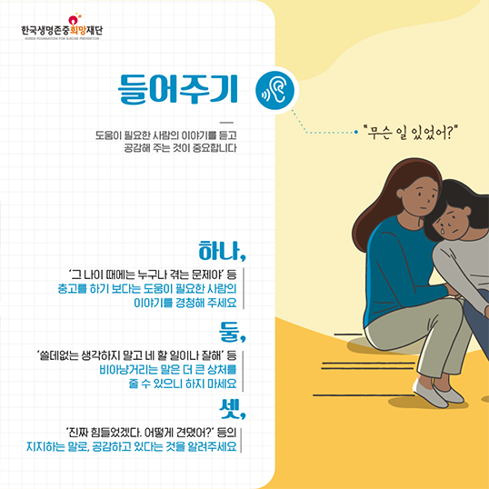 들어주기 도움이필요한사람의 이야기를 듣고 공감해주는 것이 중요합니다 하나, 그 나이 때에는 누구나 겪는 문제야 등 충고를 하기보다는 도움이 필요한 사람의 이야기를 경청해 주세요 둘, 쓸데없는 생각하지 말고 네 할 일이나 잘해 등 비아냥거리는 말은 더 큰 상처를 줄 수 있으니 하지 마세요 셋, 진짜 힘들었겠다. 어떻게 견뎠어? 등의 지지하는 말로, 공감하고 있다는 것을 알려주세요 무슨 일 있었어?